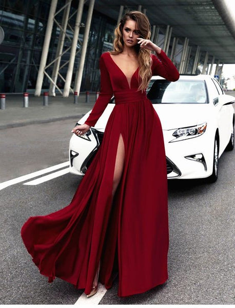 V-neck Long Sleeves Prom Dresses ...